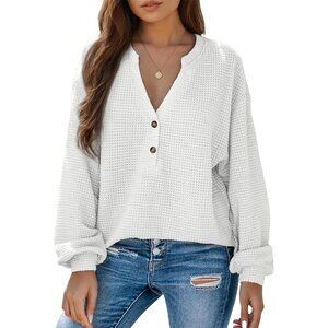 Women's White Button Down Shirts Long Sleeve V Neck Blouses Tee Dressy Tops